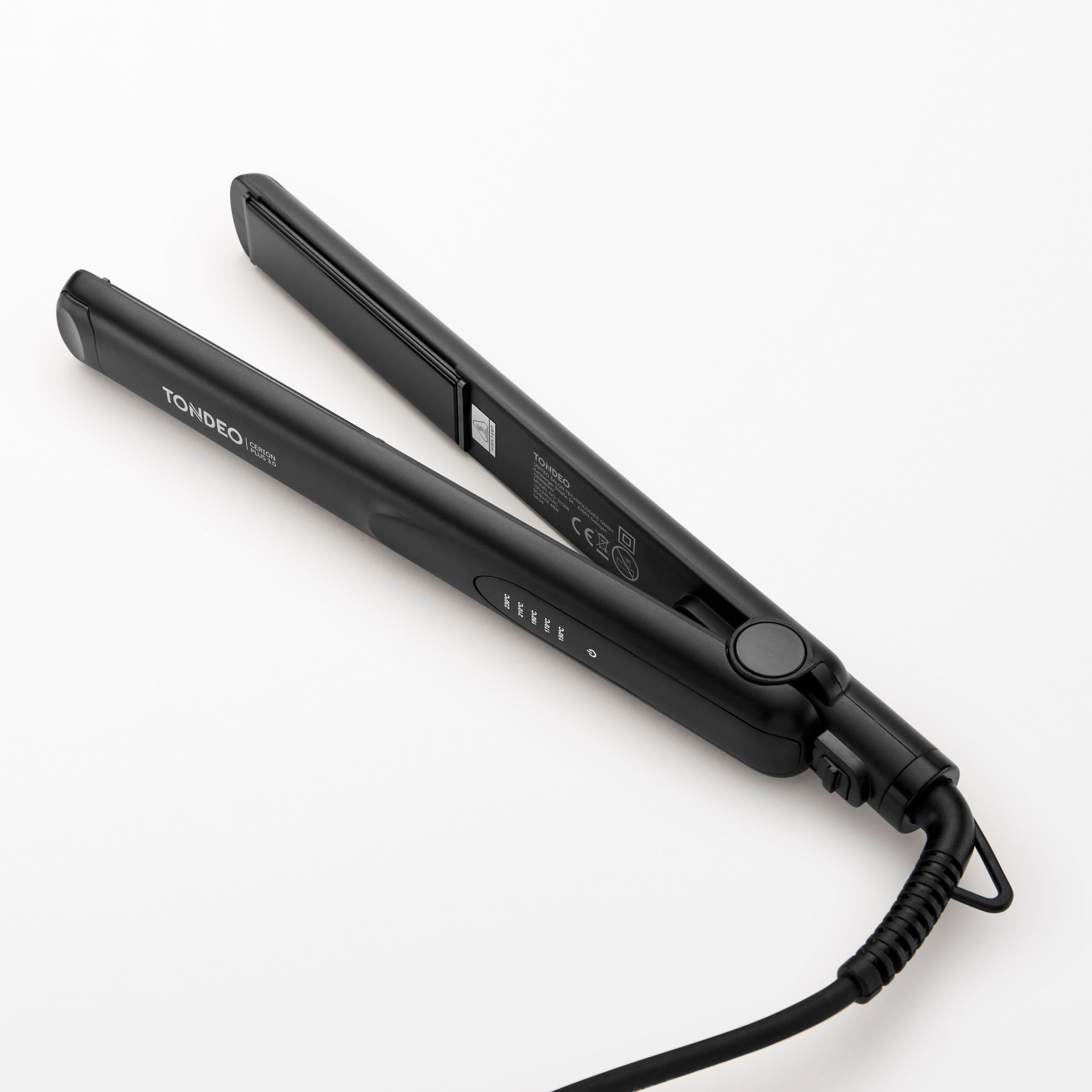 Plancha alisadora negra de TONDEO Solingen, acoplamiento giratorio, control continuo, elementos calefactores con suspensión elástica, distribución óptima del calor, función de apagado automático, revestimiento cerámico, plancha de peluquería.