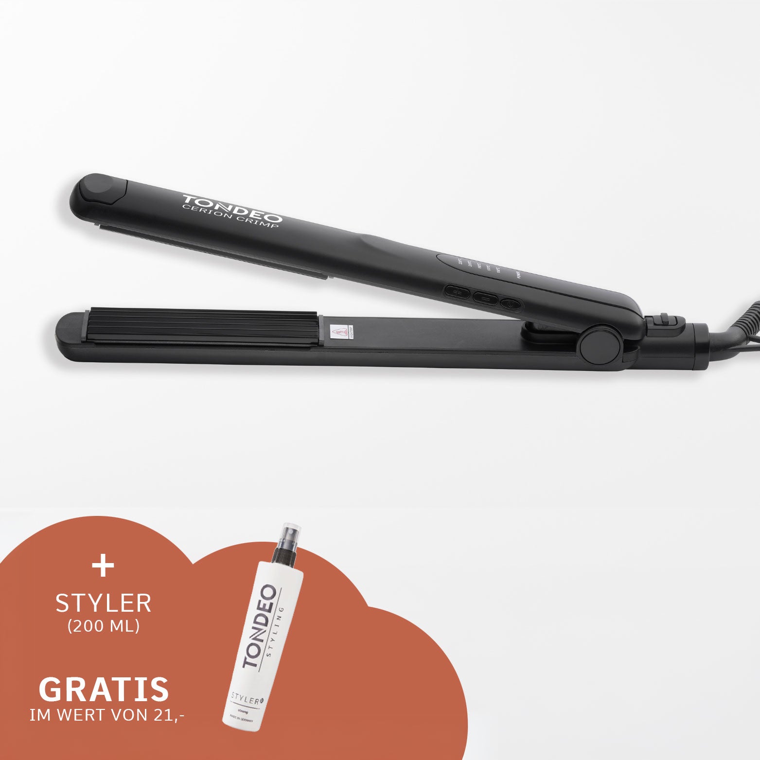 TONDEO CERION Crimp Kreppeisen in Schwarz – Professionelles Kreppeisen für Volumen, Struktur und langanhaltendes Haarstyling. Keramikplatten des TONDEO CERION Crimp Kreppeisens – Hitzeschonendes Haarstyling in Salonqualität. Gratis dazu: Styler strong (200 ml)