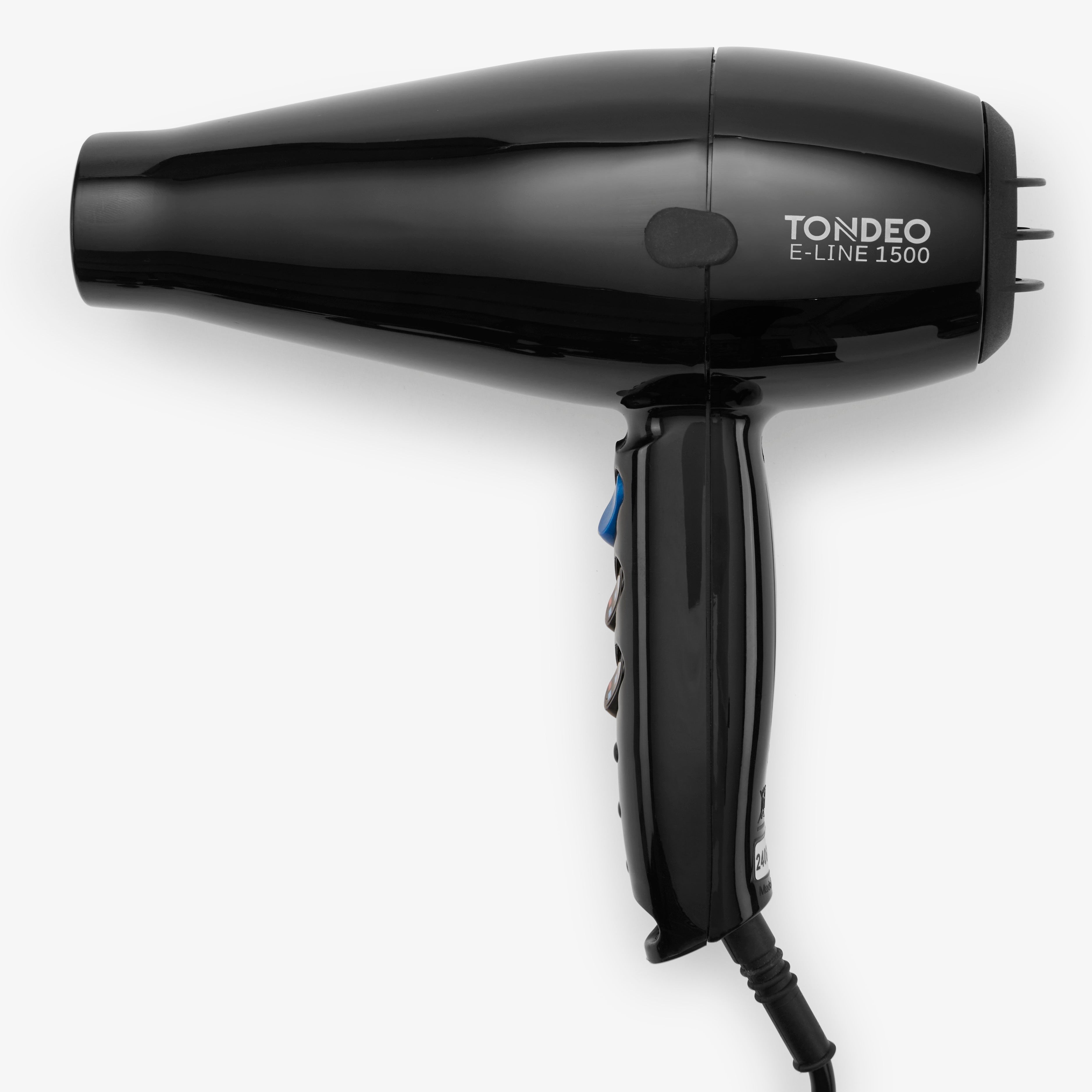 Schwarzer Haartrockner von TONDEO Solingen, Profi-Föhn, Friseurföhn, Detailaufnahme Aufsätze, Deffuser