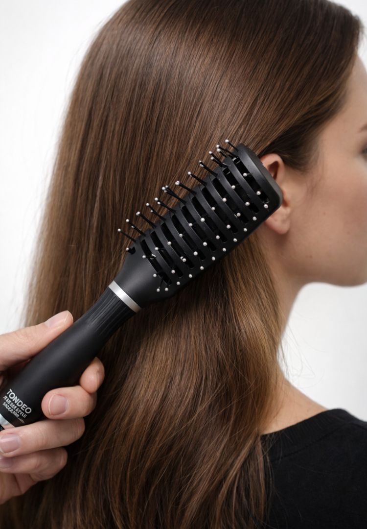 Hand bürstet glattes, braunes Haar