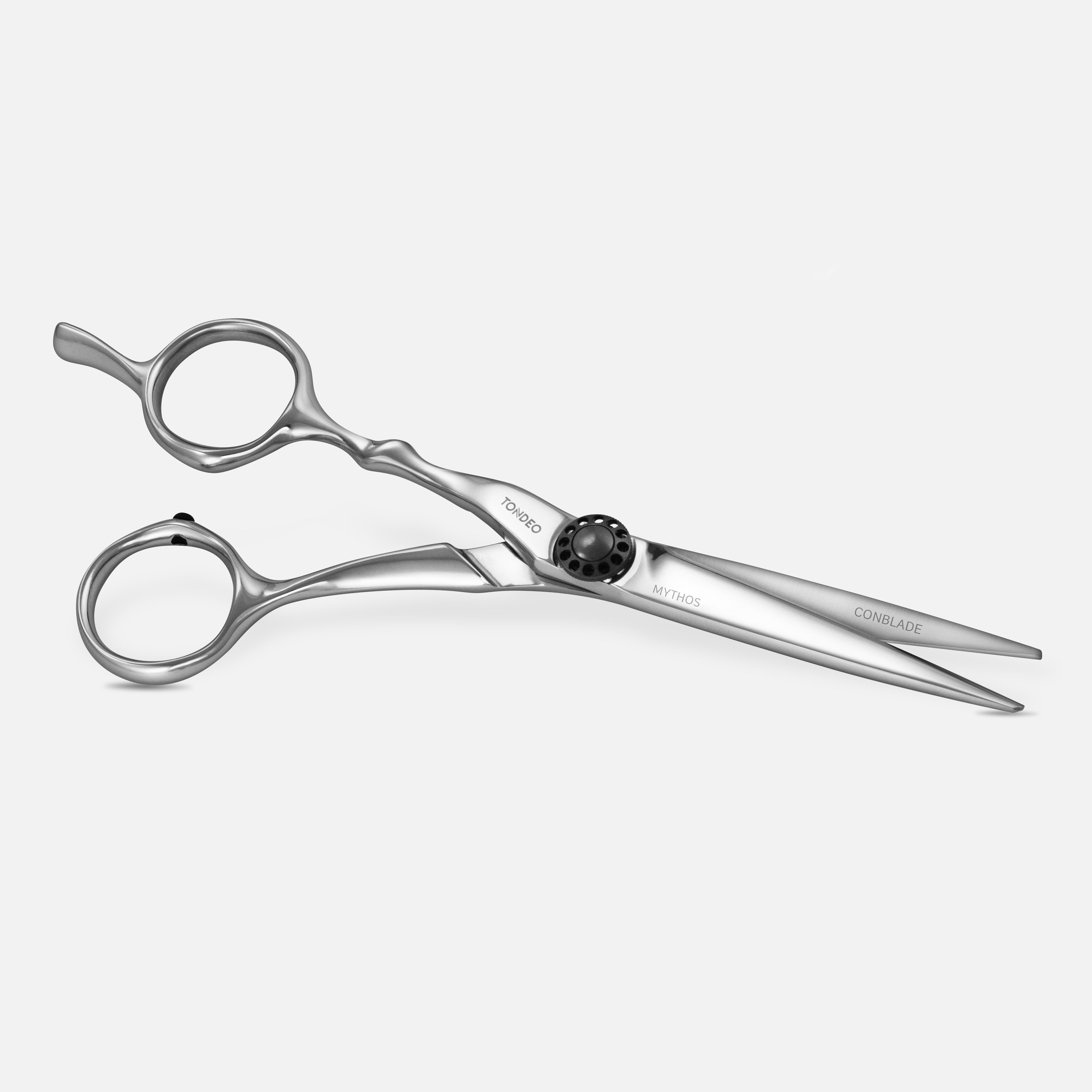 TONDEO MYTHOS LEFT OFFSET 5.5 Premium-Haarschneideschere für Linkshänder mit ergonomischem Design und CONBLADE-Schneide.
