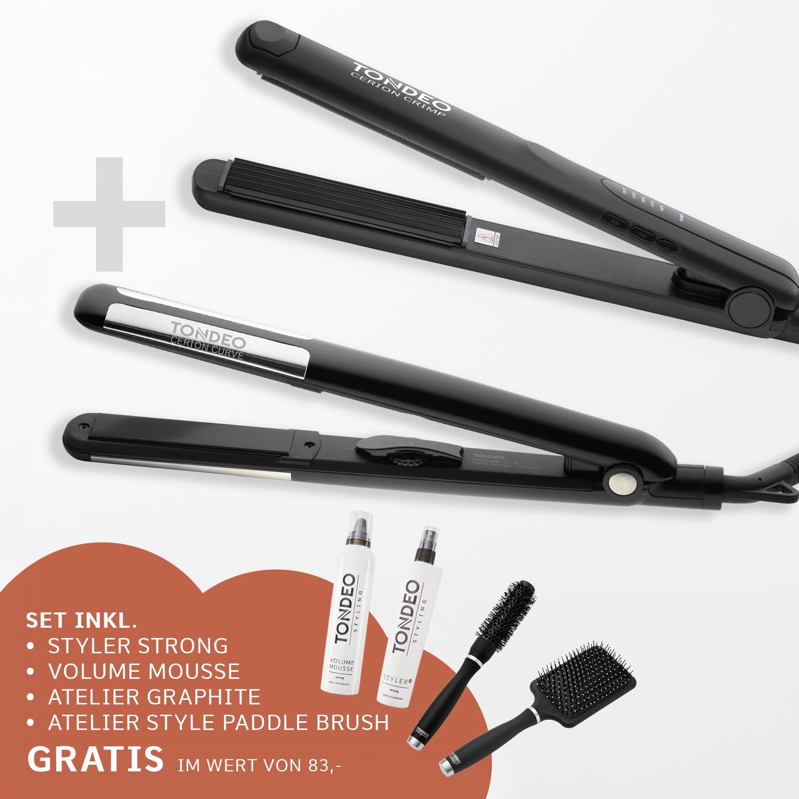 TONDEO Ultimate Styling Set mit CERION CRIMP, CERION CURVE Glätteisen, ATELIER GRAPHITE Rundbürste, ATELIER STYLE Paddle Brush, Volume Mousse und Styler Strong für professionelles Styling in Salonqualität.