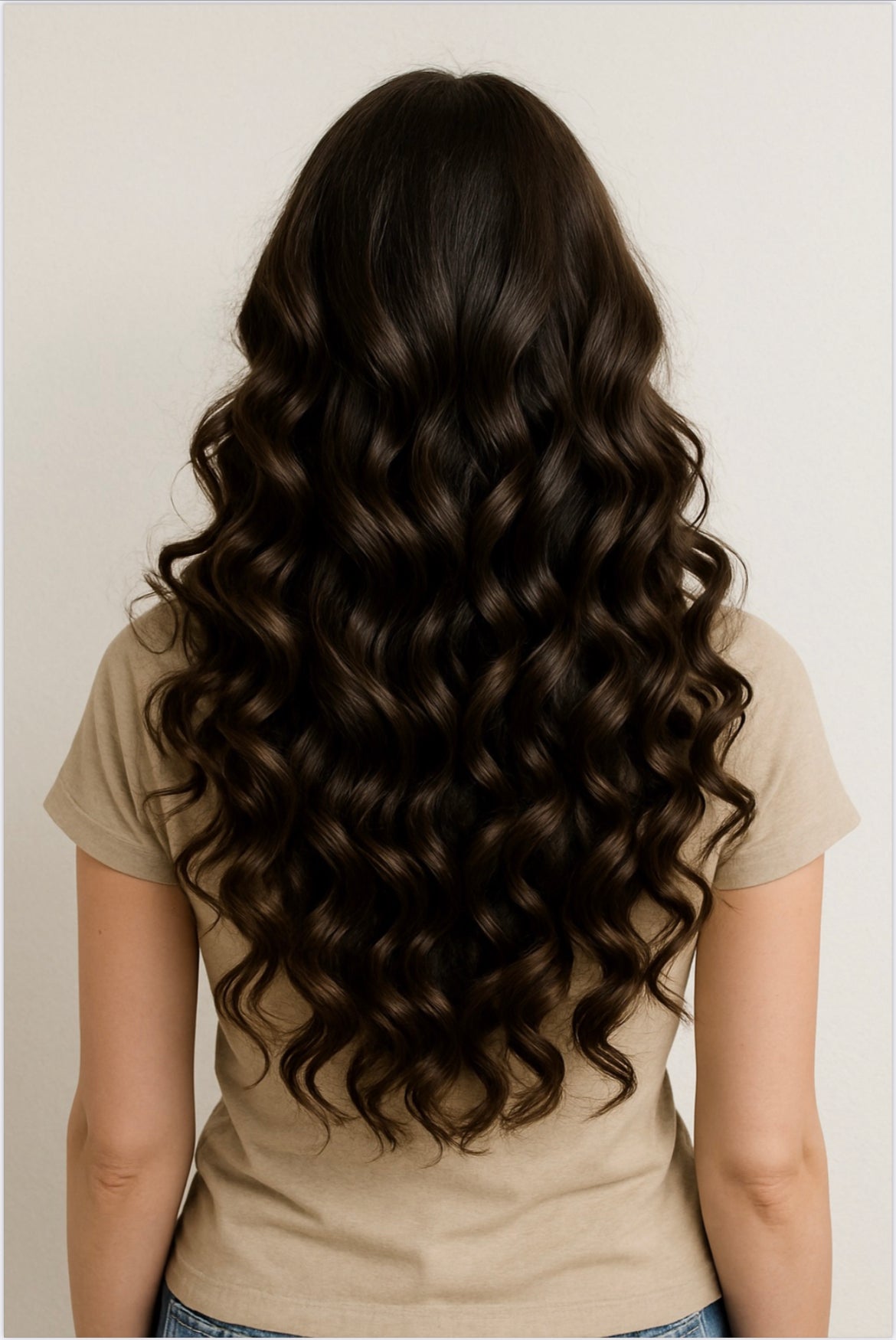 Cabello largo, brillante y ondulado en la parte posterior.