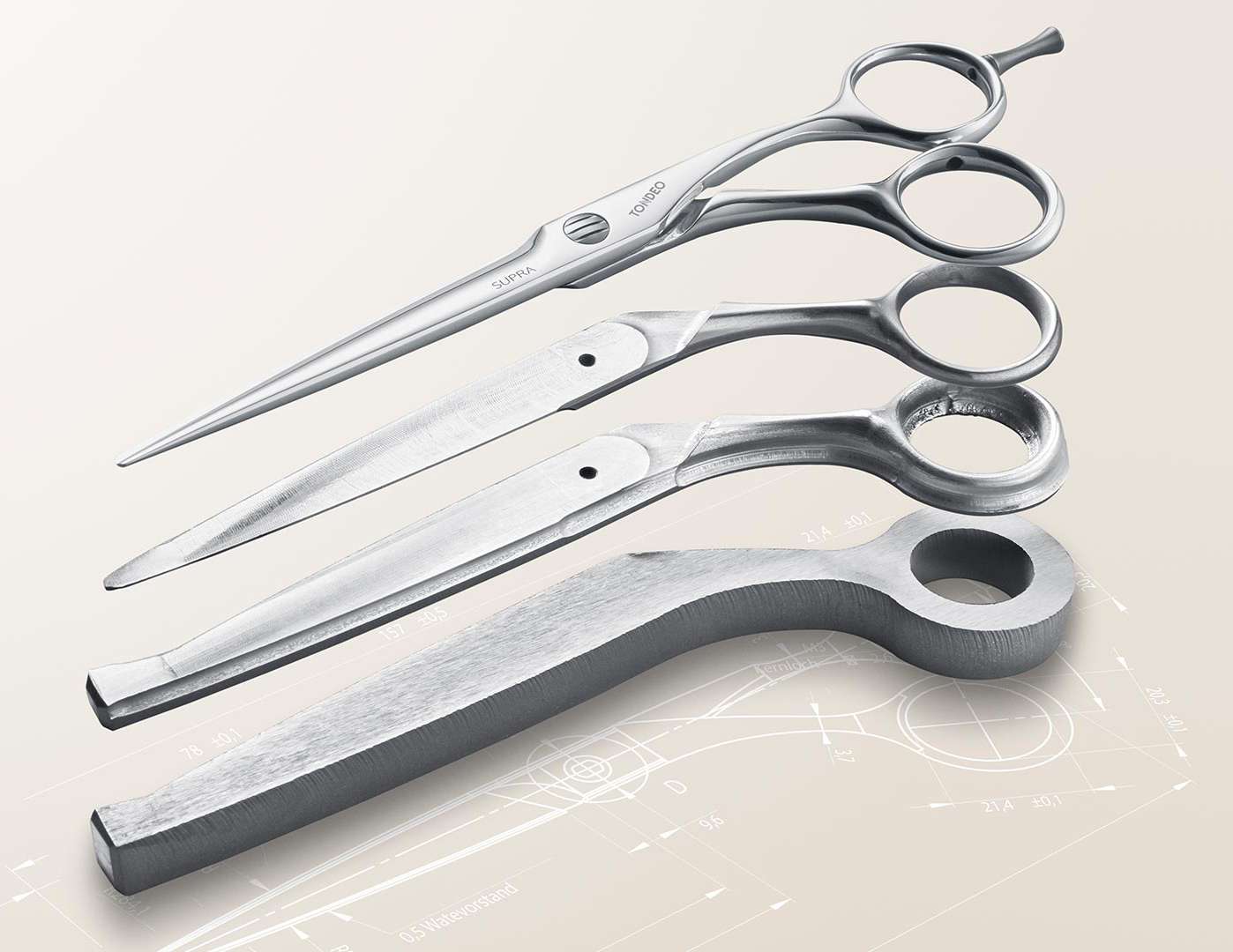 Drei hochwertige Friseurscheren, Nahaufnahme