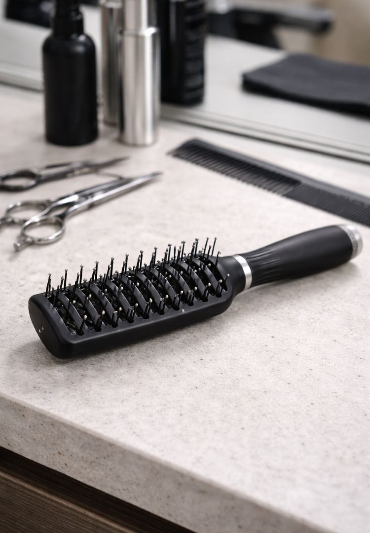 Friseurschere, Bürste und Kamm, Nahaufnahme