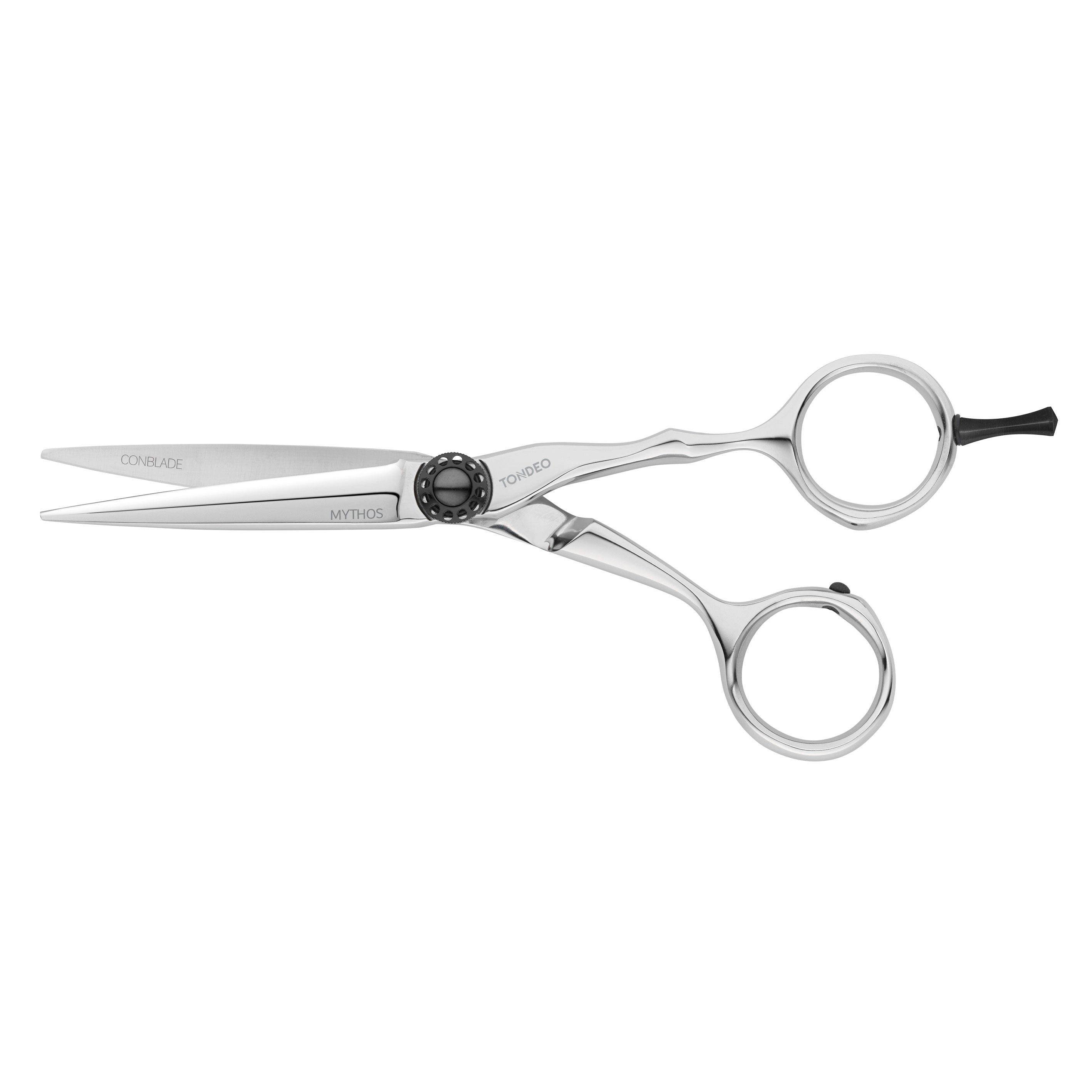 TONDEO MYTHOS BLACK Haarschneideschere mit schwarzer Titan-Beschichtung, ergonomischer Offset-Form und CONBLADE Schneide für maximale Präzision und ein besonders weiches Schneidegefühl.