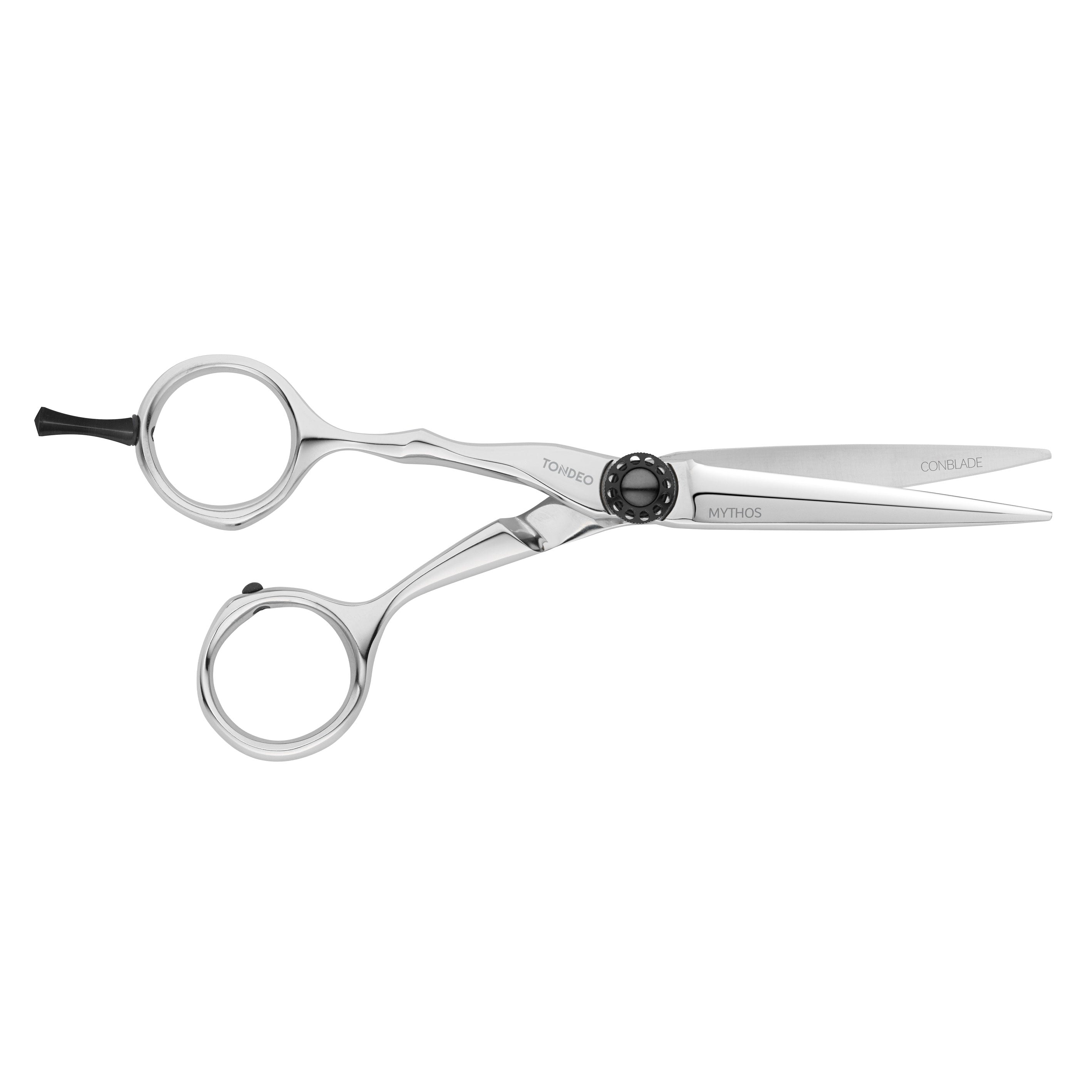 TONDEO MYTHOS BLACK LEFT Haarschneideschere für Linkshänder mit schwarzer Titan-Beschichtung, ergonomischer Offset-Form und CONBLADE Schneide für maximale Präzision und ein besonders weiches Schneidegefühl.