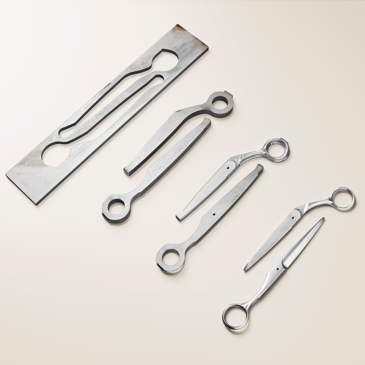 Friseurscheren im Herstellungsprozess, Einzelteile